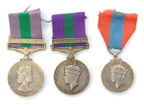 A group of medals, comprising a George VI General Service medal with Palestine bar, named to Cpl ML Lamb, 297572, A & SH, with ribbon, an Elizabeth II General Service medal with Malaya bar, named to Cpl BR Duggleby, 22506681, RMP, with ribbon and a George