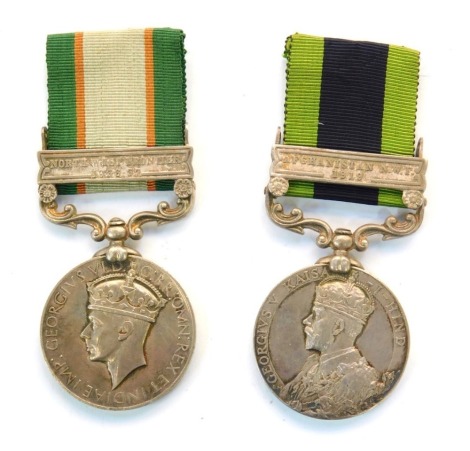 Two Indian General Service medals, comprising a George V medal with Afghanistan NWT 1919 bar, named to Sepoy Mohd Bakar, 2015, 2/89/ Pjbs, with ribbon, and a George VI medal with North West Frontier bar 1936-7, named to Sepoy Harnam Singh, 12132, 2-8 Pun