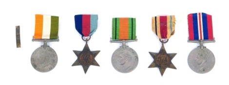 A group of World War Two medals, comprising Africa Star with 1st Army bar, 1939-45 Star, War medal, Defence medal, with ribbons, etc. We have specific vendor instructions to sell WITHOUT RESERVE.