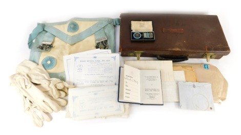 A group of Masonic related items, to include a enamel and silver gilt medallion for The Lodge of Fidelity, with two bars, No 3 and 1751 - 1951, apron, Emulation Ritual book, various paperwork relating to Preston Park Lodge No 6903, Hoove Lodge No 8369, et