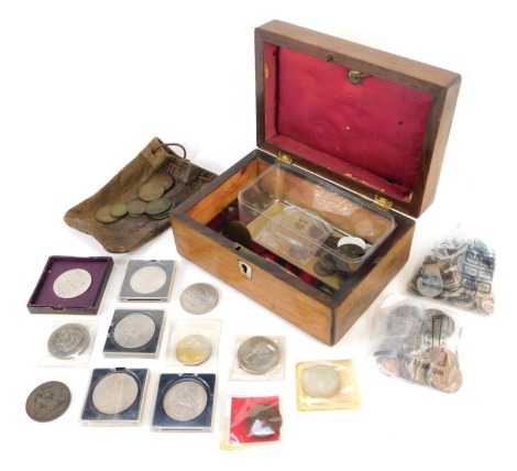 A group of commemorative and other coinage, to include Churchill crowns, Diana and Charles crowns, Edward VII pennies, American coinage, together with a Victoria 1892 crown, contained in a 19thC oak work box, 20cm wide.