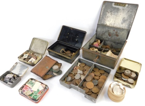 A quantity of pre decimal coinage, to include George VI and later shillings, halfpennies, etc, contained in a metal tin.