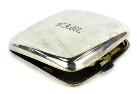 A George V silver cigarette case, of square plain form, initial engraved, Birmingham 1919, 3.38oz gross, 8cm wide.