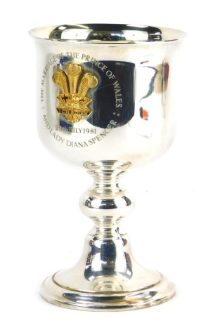 An Elizabeth II silver goblet, to commemorate the marriage of the Prince of Wales to Lady Diana Spencer 29th July 1981, with yellow metal relief moulded crest and gilt metal interior, Birmingham 1981, 5.92oz, 13cm high, in fitted box.