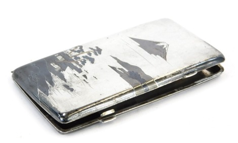 A 20thC white metal cigarette case, in the Japanese style, depicting buildings and fishing boats before Mount Fuji, marked to interior silver 950, 15cm x 8.5cm, 6.23oz.