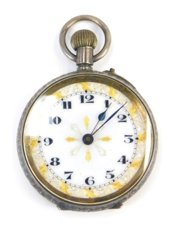 A Continental fob watch, with white enamel dial, with yellow and white gilt outer markers and numeric border with blue handles, in a hammered white metal case stamped 935, 29.5g all in.