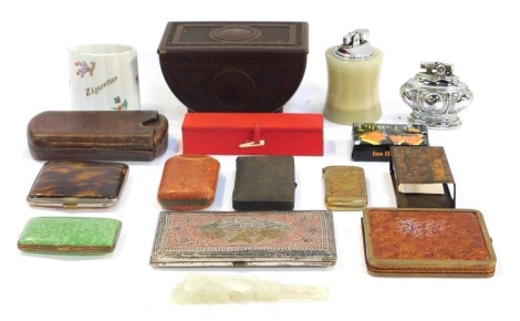 A group of smoking related items, to include a brass Masonic interest Vesta case, simulated tortoiseshell cigarette case, onyx table lighter, 10cm high, Eastern influence cigarette case, Oriental hardstone cigarette holder, 12cm long, etc. (1 tray)