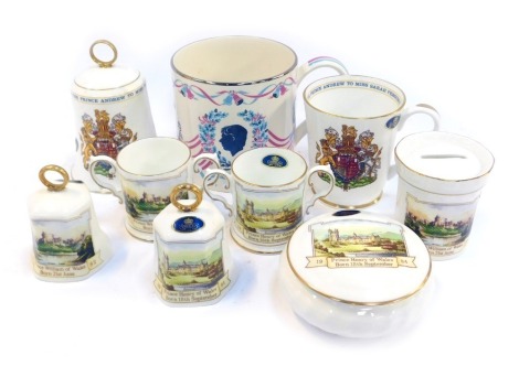 A group of porcelain commemorative wares, to include Wedgwood commemorative mug to celebrate the Wedding of Prince Andrew and Sarah Ferguson, limited edition number 699/750, miniature loving cups, money box, etc. (each pieced boxed)