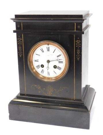 A 19thC black slate mantel clock, the circular enamel Roman numeral dial, with copper chapter ring, eight day, movement stamped Ordy French Make A354, bell strike, the case of architectural form, with gilt heightened carved leaves, scrolls, etc., the case