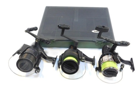 Three fishing reels, comprising an SEL 380, a Argo L5000, and an Impact IM65, together with a fly case.