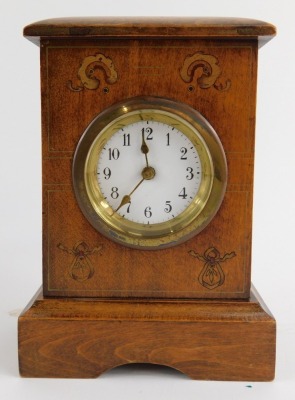 An early 20thC oak and inlaid mantel clock, the circular enamel dial bearing Arabic numerals, 14cm high, together with a Georgian burr wood tea caddy converted as a money box, with two holes to the top for coins, with key, 20cm wide. - 2