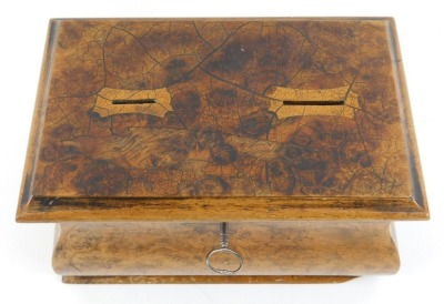 An early 20thC oak and inlaid mantel clock, the circular enamel dial bearing Arabic numerals, 14cm high, together with a Georgian burr wood tea caddy converted as a money box, with two holes to the top for coins, with key, 20cm wide. - 4