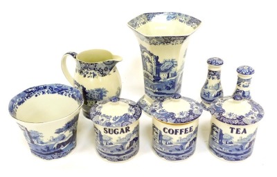 A group of Spode Italian pattern pottery, to include coffee, tea and sugar jars and covers, 17cm high, salt and pepper shakers, vase of inverted trumpet form, on out swept base, 27cm high, etc.