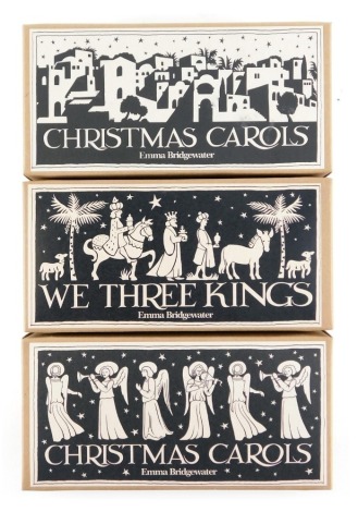 Six Emma Bridgewater pottery Christmas Carol and We Three Kings mugs, decorated in the Black Toast pattern, each 10cm high, boxed in pairs.