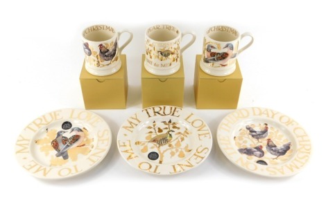 A group of Emma Bridgewater pottery decorated in the Gold Toast pattern, from The My Love Sent to Me range, comprising Partridge in a Pear Tree plate, 22cm diameter, and mug, 10cm high, Two Calling Birds plate and mug, and Three French Hens plate and mug,