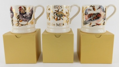 A group of Emma Bridgewater pottery decorated in the Gold Toast pattern, from The My Love Sent to Me range, comprising Partridge in a Pear Tree plate, 22cm diameter, and mug, 10cm high, Two Calling Birds plate and mug, and Three French Hens plate and mug, - 2