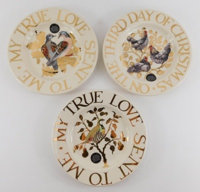 A group of Emma Bridgewater pottery decorated in the Gold Toast pattern, from The My Love Sent to Me range, comprising Partridge in a Pear Tree plate, 22cm diameter, and mug, 10cm high, Two Calling Birds plate and mug, and Three French Hens plate and mug, - 4