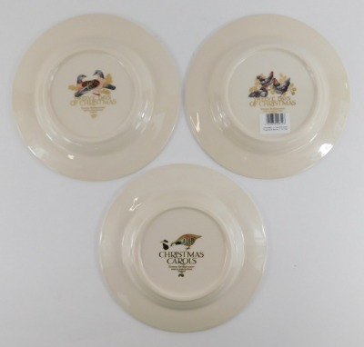 A group of Emma Bridgewater pottery decorated in the Gold Toast pattern, from The My Love Sent to Me range, comprising Partridge in a Pear Tree plate, 22cm diameter, and mug, 10cm high, Two Calling Birds plate and mug, and Three French Hens plate and mug, - 5
