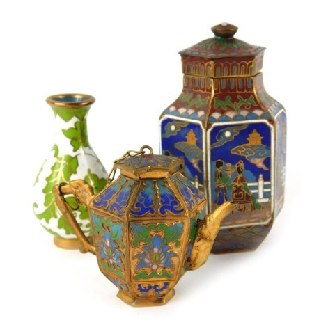 Three miniature items of Japanese cloisonne, comprising a jar and cover, 9cm high, teapot, 4.5cm high, and vase, 5.5cm high.