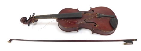 An early 20thC violin, bearing label The Maidstone, single piece back, 54cm long overall, with bow, cased.