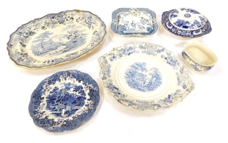 A group of blue and white wares, to include meat plate, various plates, a Britannia pottery tureen and cover, etc. (a quantity)