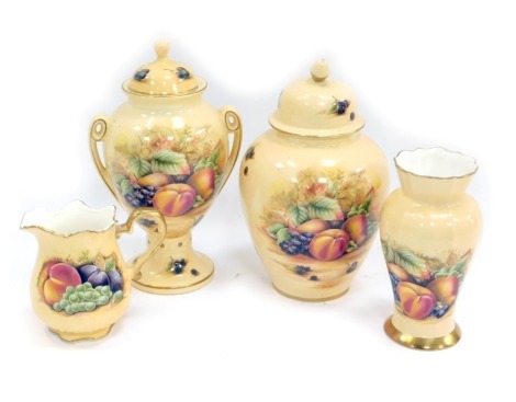 A group of Aynsley Orchard Gold pattern wares, to include jar and cover, 22cm high, jug, 11cm high, two handled vase and cover, 24cm high, etc. (a quantity)