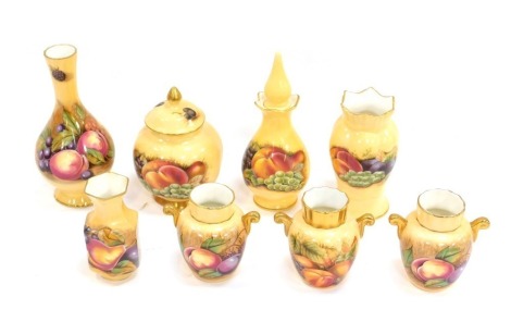 A group of Aynsley porcelain Orchard Gold pattern wares, to include a pair of two handled vases, 8cm high, jar and cover, 12cm high, bud vase, 16cm high, etc. (a quantity)