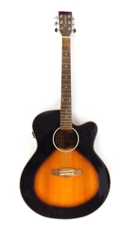 A Tanglewood Guitar Company acoustic guitar, model Evolution, TSJCVES, Serial No MD-08097-YX, 105cm high.