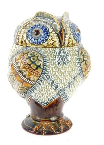 A Doulton Lambeth stoneware tobacco jar and cover, modelled as an owl, impressed marks to underside No 884 and initialled R M, 18cm high.