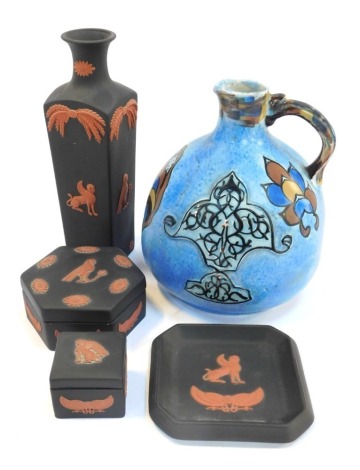 A group of black Wedgwood jasperware items, to include trinket box and cover, square vase, together with a Clews & Co Chameleon ware jug, 17cm high. (a quantity)