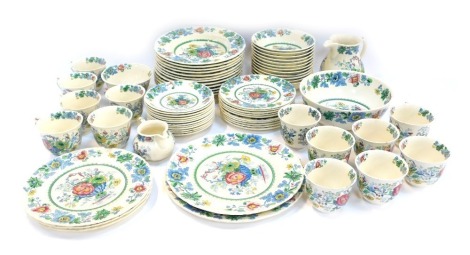 A Masons Ironstone part tea and dinner service, decorated in the Strathmore pattern, to include soup bowls, tea cups and saucers, milk jug, sugar bowl, etc. (a quantity)