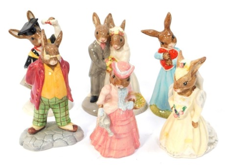 Six Royal Doulton Bunnykins figures, modelled as Wedding Day DB287, Barber DB404, Love Heart Bunnykins DB288, Parkside Bunnykins DB101, Mary Mary Quite Contrary Bunnykins DB247, and Graduation Day Bunnykins DB286.