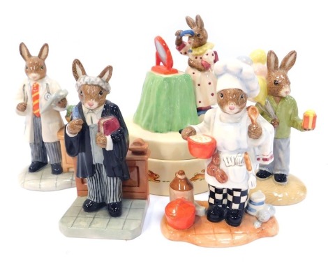 Four Royal Doulton Bunnykins figures, modelled as Barrister DB374, Doctor DB381, Chef DB379, Congratulations Bunnykins DB291, together with a Bunnykins trinket jar and cover, All Dressed Up DBGW10. (5)