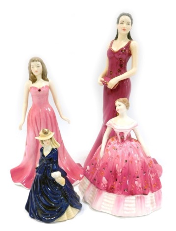 Two Royal Doulton porcelain figures, modelled as Pretty Ladies Natalie, Gemstones Collection July Ruby, together with a Coalport figure modelled as Kimberley and Kate. (4)