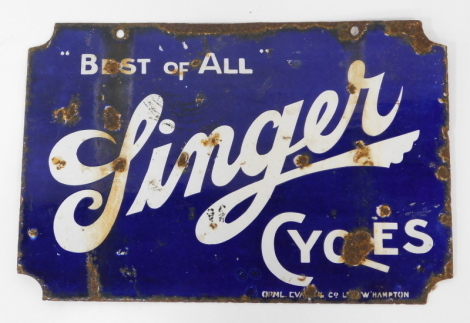 An early 20thC enamel double sided sign, for Singer Cycles, Wolverhampton, 'Best of All,' 30cm x 46cm.