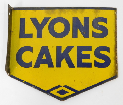 An early 20thC double sided Lyons Cakes enamel sign, blue against a yellow ground, 40cm x 46cm.