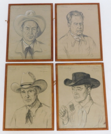 Edward Hurst (20thC School). Four charcoal studies depicting gentlemen in Western outfits, titled Hank Shorty, and two further indistinctly marked, each signed and dated 1941 Arizona, 61cm x 44cm.