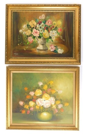 20thC School. Two floral still lives, signed Fields and M. West, oil on canvas, 49cm x 56cm and 46cm x 62cm.