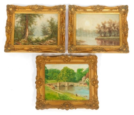 20thC School. Three oils on canvas, comprising river scene, signed Beck, 29cm x 39cm, woodland scene, unsigned, 41cm x 30cm, and scene depicting sheep before river and bridge, oil on board, 33cm x 41cm.