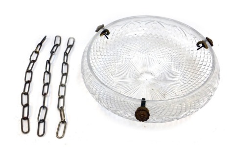 A hob-nail cut glass ceiling light, of circular form, with cast metal floral mounts and chain, 37cm diameter.