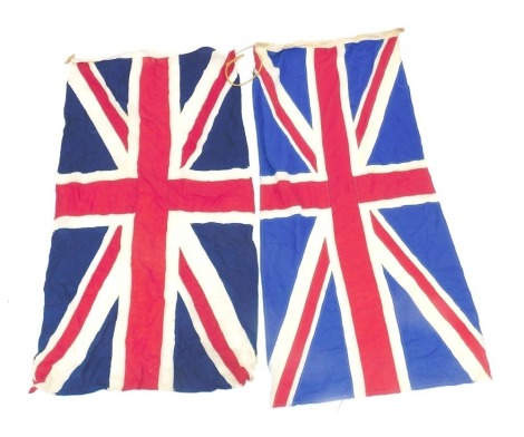 Two fabric Union Jack flags, with two wooden toggles to end, 177cm x 80cm