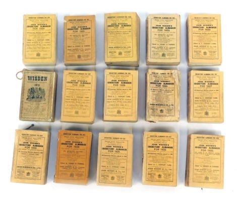 A group of post 1920 Wisden Cricketers Almanacs, comprising 1921, 1922, 1923, 1925, 1926, 1927, 1928, 1929, 1930, 1931, 1932, 1933, 1934, 1936 and 1939.