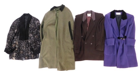 A group of vintage lady's clothing, to include a 1980s KA by Karl Lagerfeld purple blazer, underarm measurement 43cm, together with a Harrods brown wool blazer, a Krauland of Austria green wool cloak, and an Italian Arpell 1980s blazer. (a quantity)