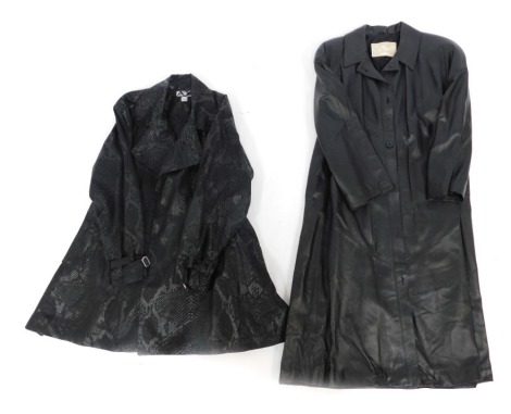 A Vivaldi leather 3/4 length coat, underarm measurement 47cm, together with an A line Modzart London simulated snakeskin coat, possibly 1980s. (2)