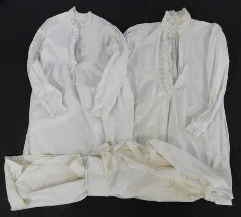 Two late 19thC/early 20thC Robinson & Cleaver Limited full length cotton nightdresses, each with Broiderie Anglais trim.