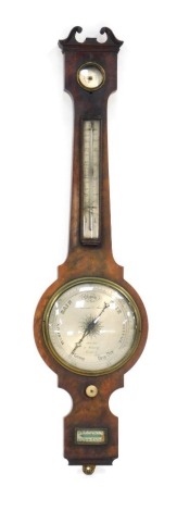 A 19thC mahogany cased banjo barometer, the silver circular dial for Newcomb & Mansell Opticians, 35 Wapping, Liverpool, with mercury measure, 95cm high.