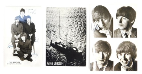 Two Beatles postcards, bearing facsimile signatures, together with a Radio London postcard, stating 'Hi Jenny Thanks for Writing Love & Best Wishes Chuck Blair', along with a postal envelope dated 5th May 1967. Provenance: Vendor was a listener to pirate