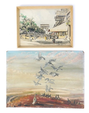 20thC School. Paris - Le Champs-Elysees, watercolour, indistinctly signed, 24cm x 33cm, together with an oil on board depicting various birds. (2)