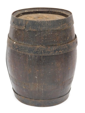 A 20thC oak barrel, with metal bound supports, 43cm high.