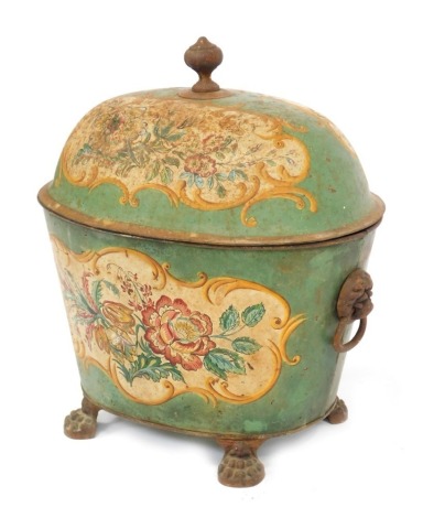 A Victorian Toleware painted log box, with oval top, on turquoise ground with painted cream panels of flowers, with lion mask claw feet, 54cm high, 46cm wide.